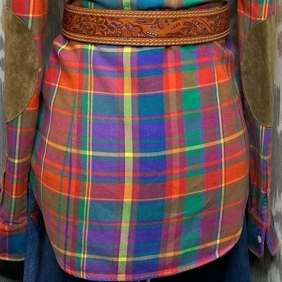 Ralph Lauren Bright Jewel-Tone Check Plaid Cotton Flannel Suede Patch Workshirt - Picture 13 of 16